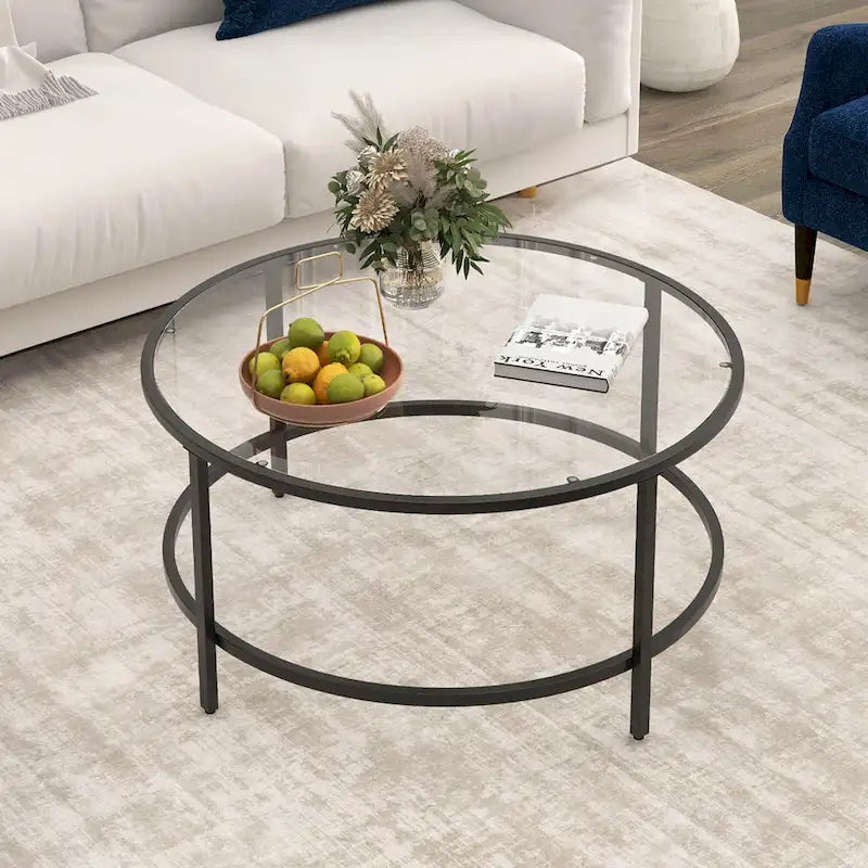 36-Inch Round Coffee Table – Golden, Tempered Glass Top, Metal Frame, Modern Style
