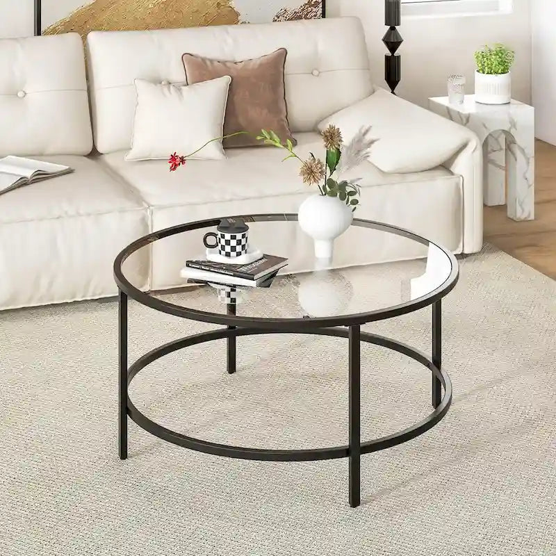 36-Inch Round Coffee Table – Golden, Tempered Glass Top, Metal Frame, Modern Style