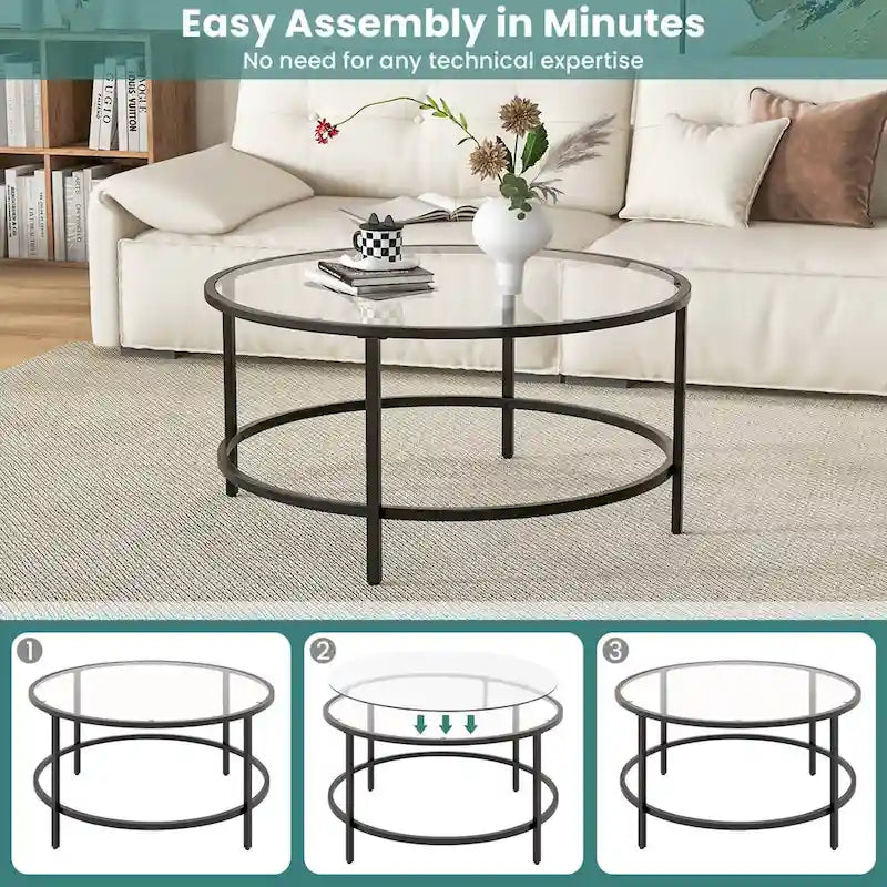 36-Inch Round Coffee Table – Golden, Tempered Glass Top, Metal Frame, Modern Style