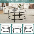 36-Inch Round Coffee Table – Golden, Tempered Glass Top, Metal Frame, Modern Style
