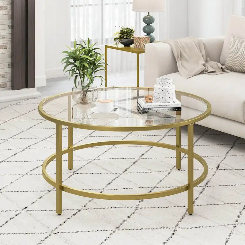 36-Inch Round Coffee Table – Golden, Tempered Glass Top, Metal Frame, Modern Style