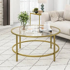 36-Inch Round Coffee Table – Golden, Tempered Glass Top, Metal Frame, Modern Style