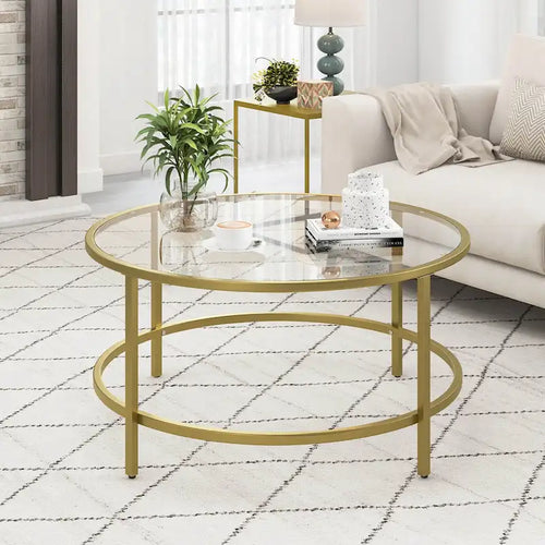 36-Inch Round Coffee Table – Golden, Tempered Glass Top, Metal Frame, Modern Style
