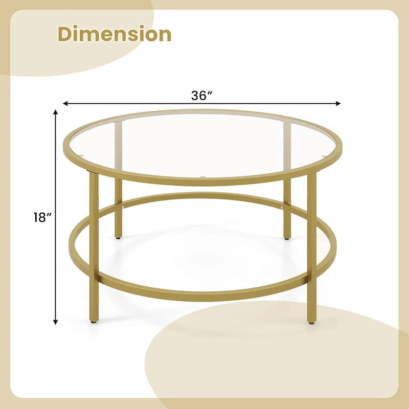 36-Inch Round Coffee Table – Golden, Tempered Glass Top, Metal Frame, Modern Style