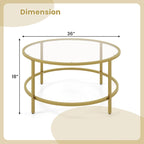 36-Inch Round Coffee Table – Golden, Tempered Glass Top, Metal Frame, Modern Style