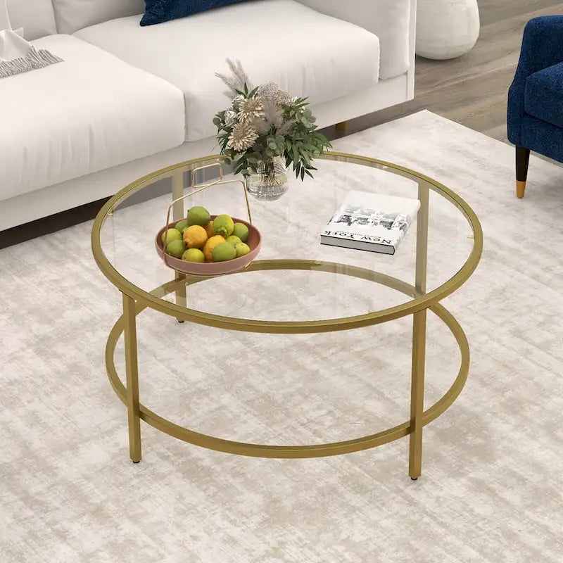 36-Inch Round Coffee Table – Golden, Tempered Glass Top, Metal Frame, Modern Style