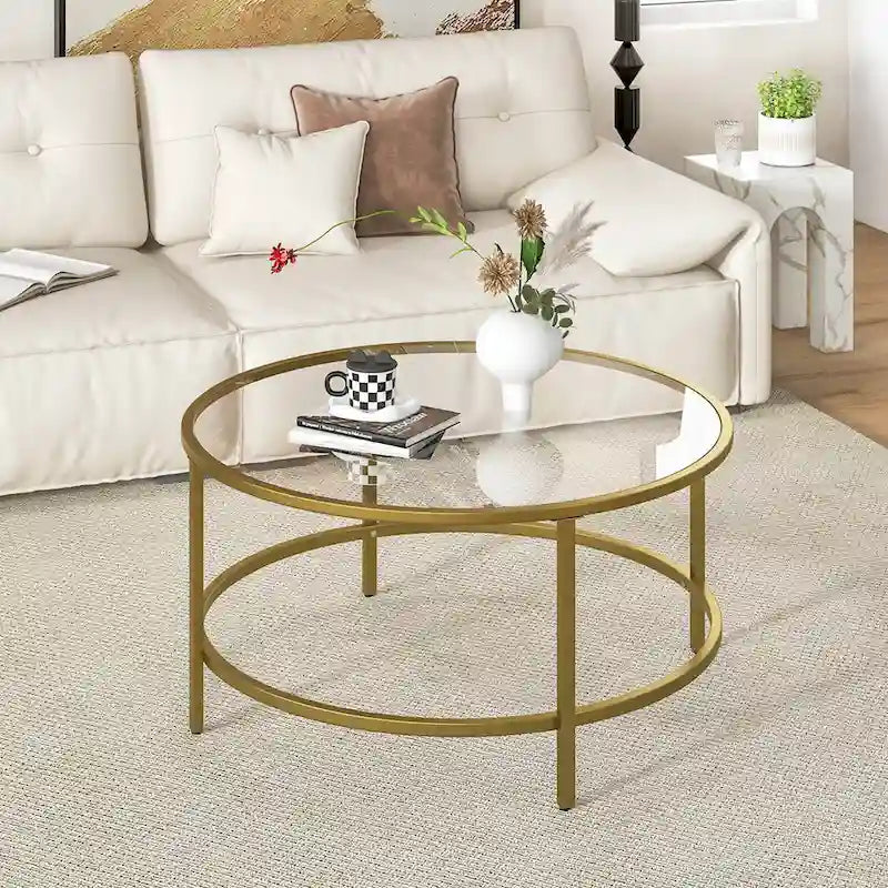 36-Inch Round Coffee Table – Golden, Tempered Glass Top, Metal Frame, Modern Style