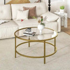 36-Inch Round Coffee Table – Golden, Tempered Glass Top, Metal Frame, Modern Style