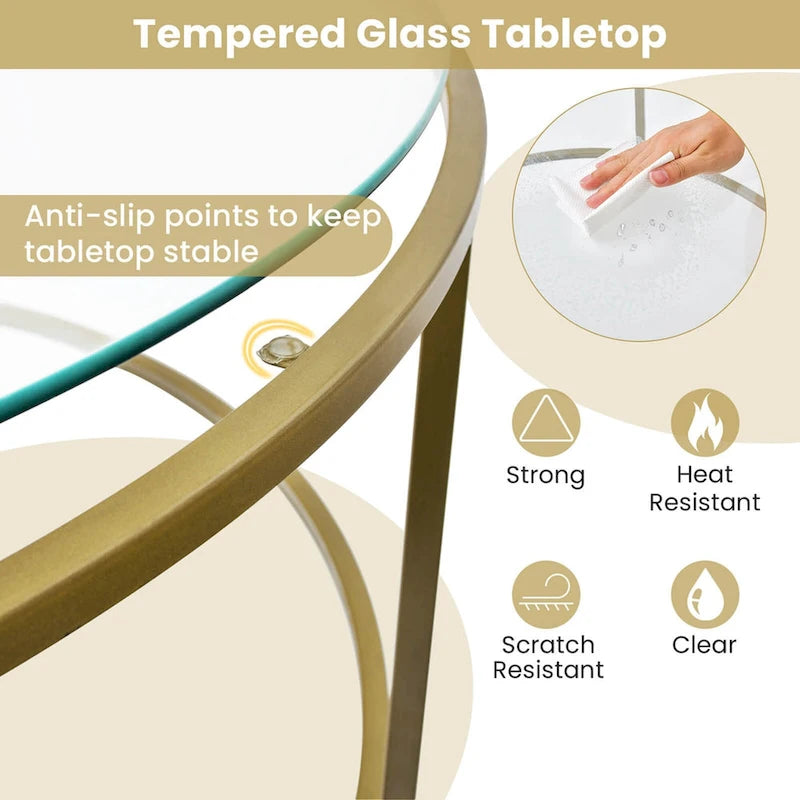36-Inch Round Coffee Table – Golden, Tempered Glass Top, Metal Frame, Modern Style