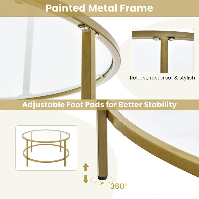 36-Inch Round Coffee Table – Golden, Tempered Glass Top, Metal Frame, Modern Style