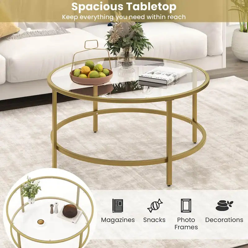 36-Inch Round Coffee Table – Golden, Tempered Glass Top, Metal Frame, Modern Style