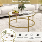 36-Inch Round Coffee Table – Golden, Tempered Glass Top, Metal Frame, Modern Style