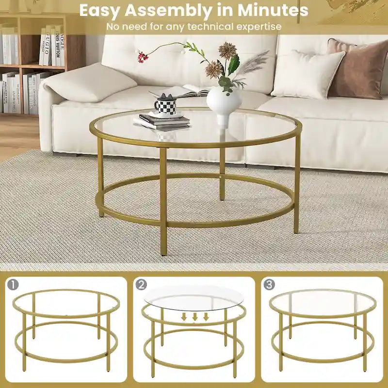 36-Inch Round Coffee Table – Golden, Tempered Glass Top, Metal Frame, Modern Style