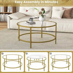 36-Inch Round Coffee Table – Golden, Tempered Glass Top, Metal Frame, Modern Style
