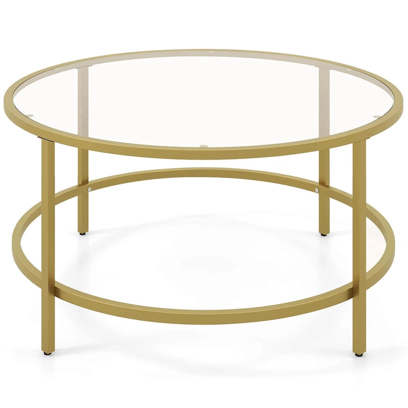 36-Inch Round Coffee Table – Golden, Tempered Glass Top, Metal Frame, Modern Style