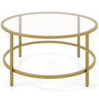 36-Inch Round Coffee Table – Golden, Tempered Glass Top, Metal Frame, Modern Style