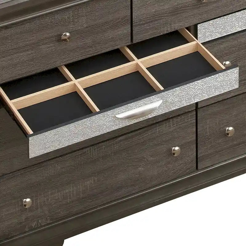 9-Drawer Bedroom Dresser – Charcoal Grey / Black / White, Wood-Look Finish, Felt-Lined Accessory Drawer