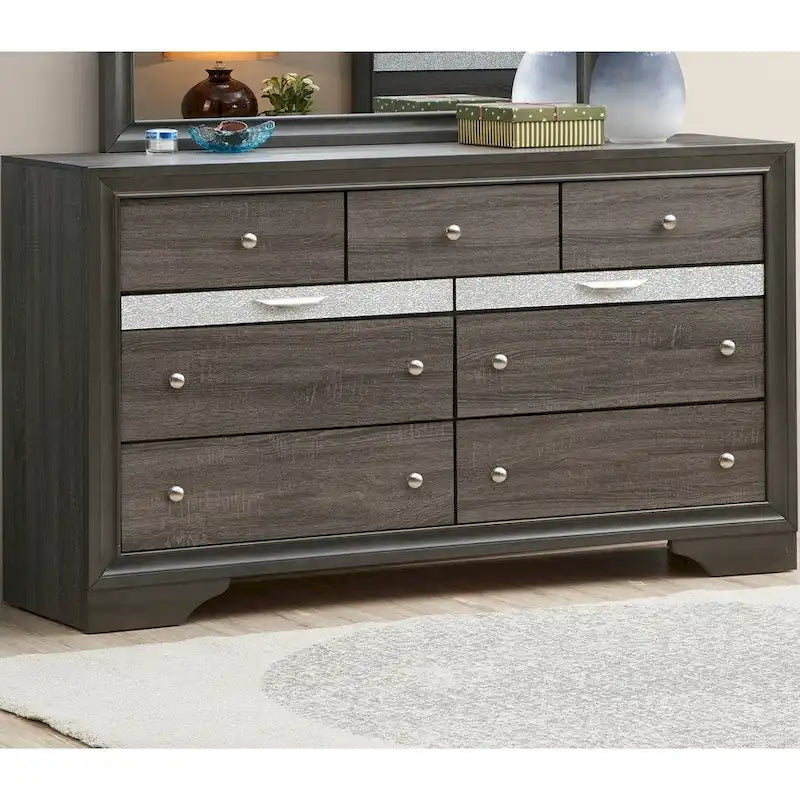 9-Drawer Bedroom Dresser – Charcoal Grey / Black / White, Wood-Look Finish, Felt-Lined Accessory Drawer