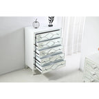 5-Drawer Chest – Antique White / Silver, Beveled Mirror Panels, Crystal Knobs, Hand-Painted Finish