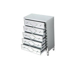 5-Drawer Chest – Antique White / Silver, Beveled Mirror Panels, Crystal Knobs, Hand-Painted Finish