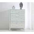 5-Drawer Chest – Antique White / Silver, Beveled Mirror Panels, Crystal Knobs, Hand-Painted Finish
