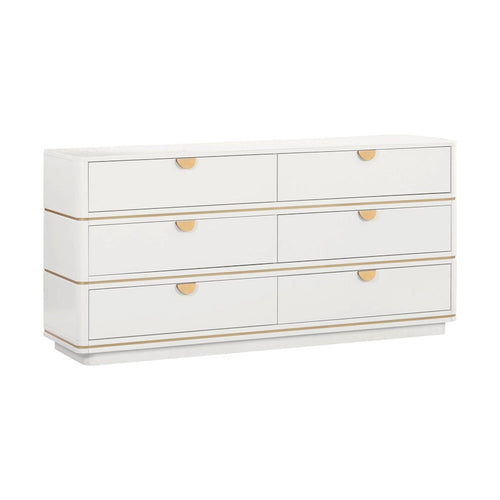 Kommode mit 6 Schubladen – Grau / Schwarz / Creme, Akazienholz, Messinggriffe, Art-déco-Stil