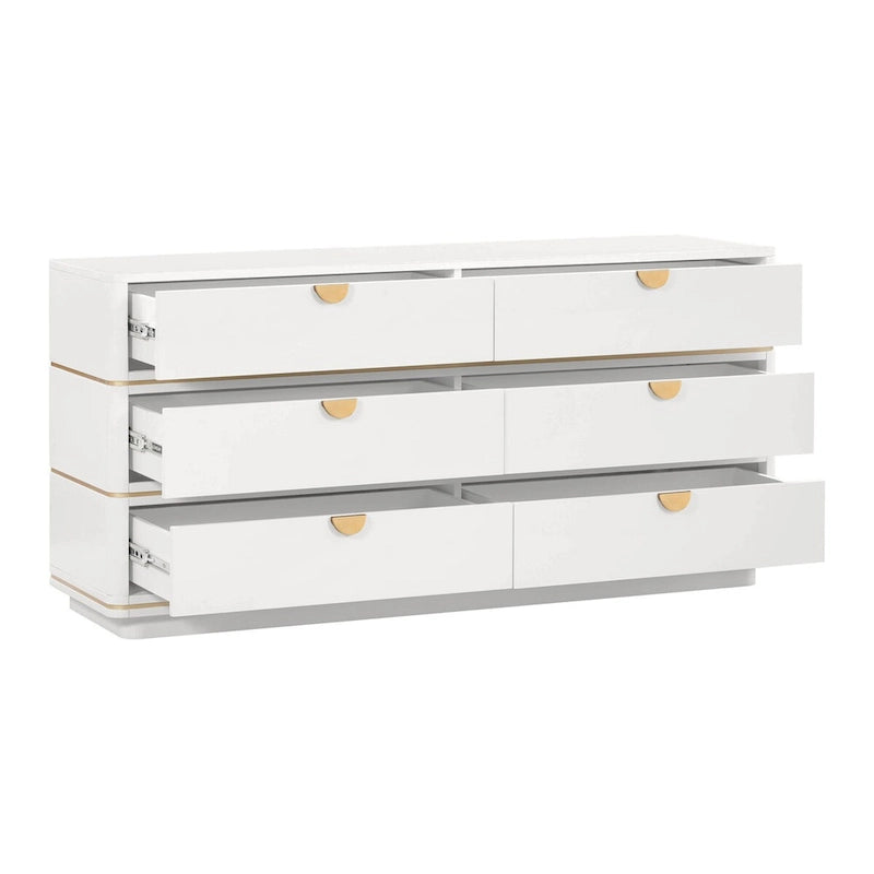6-Drawer Dresser – Grey / Black / Cream, Acacia Wood, Brass Pulls, Art Deco Style
