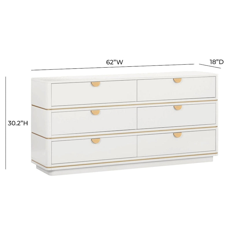 6-Drawer Dresser – Grey / Black / Cream, Acacia Wood, Brass Pulls, Art Deco Style