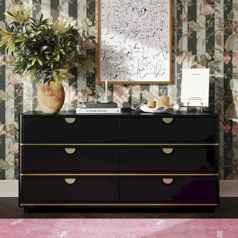 6-Drawer Dresser – Grey / Black / Cream, Acacia Wood, Brass Pulls, Art Deco Style