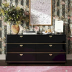 6-Drawer Dresser – Grey / Black / Cream, Acacia Wood, Brass Pulls, Art Deco Style