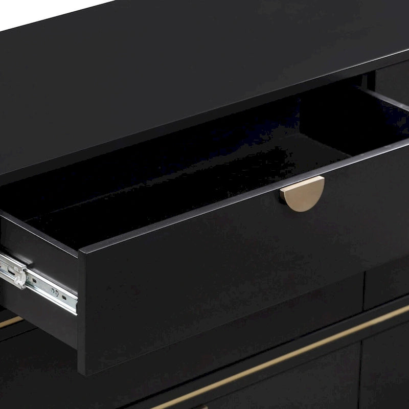 6-Drawer Dresser – Grey / Black / Cream, Acacia Wood, Brass Pulls, Art Deco Style