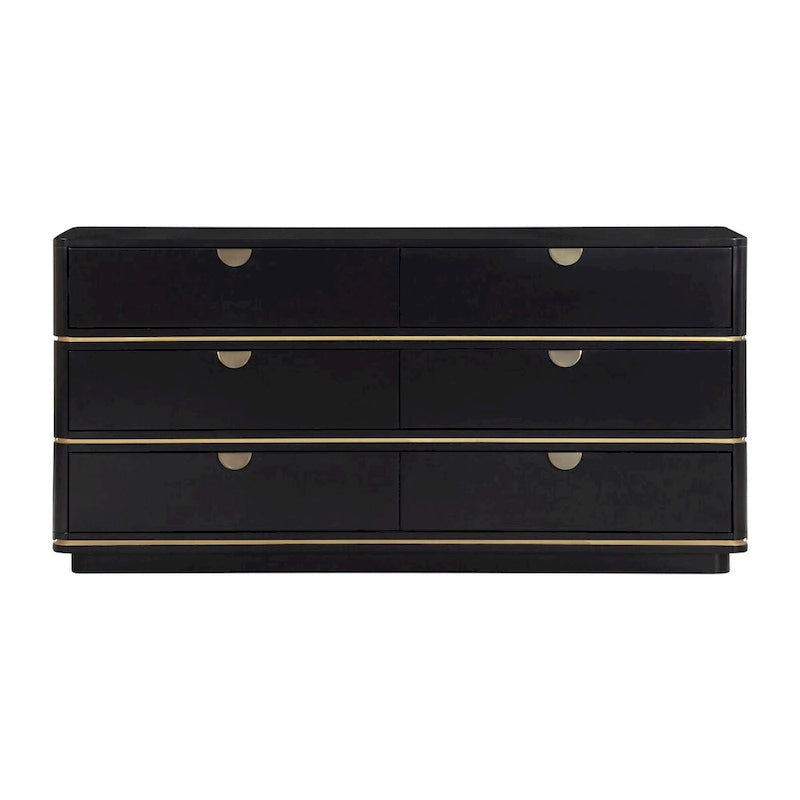 6-Drawer Dresser – Grey / Black / Cream, Acacia Wood, Brass Pulls, Art Deco Style