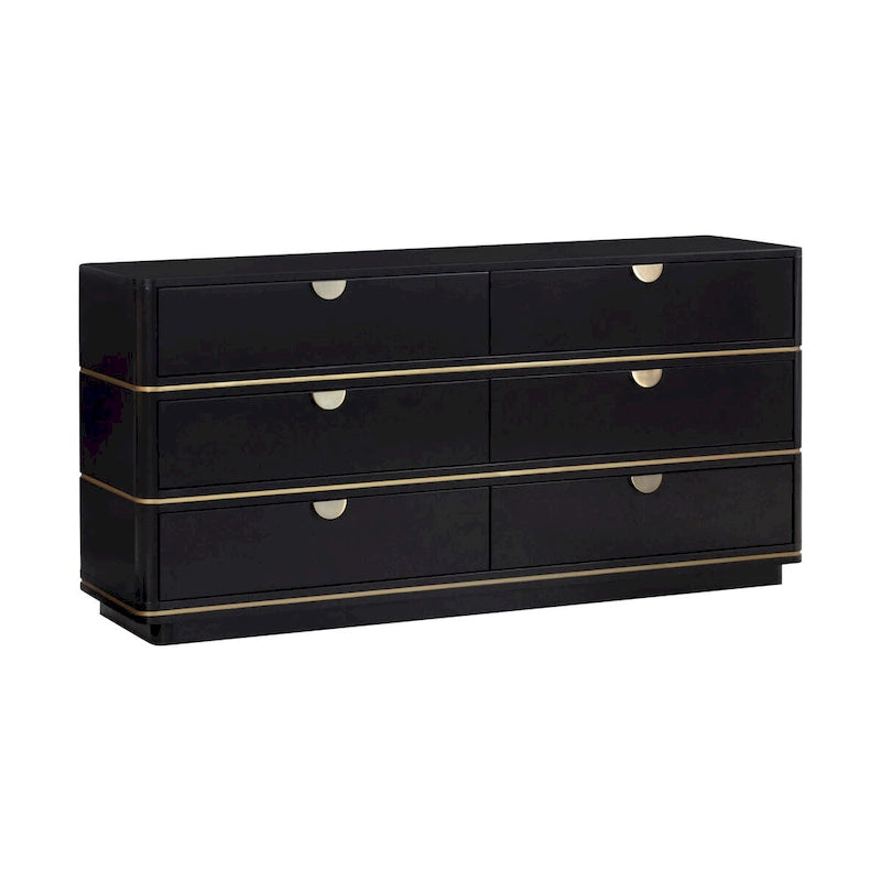 6-Drawer Dresser – Grey / Black / Cream, Acacia Wood, Brass Pulls, Art Deco Style