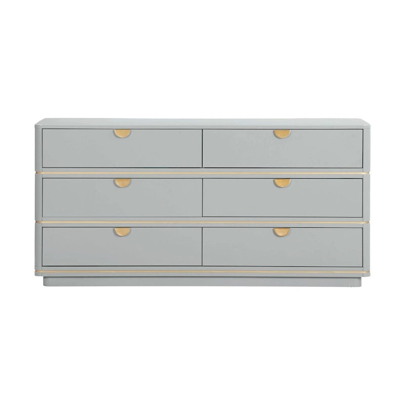 6-Drawer Dresser – Grey / Black / Cream, Acacia Wood, Brass Pulls, Art Deco Style