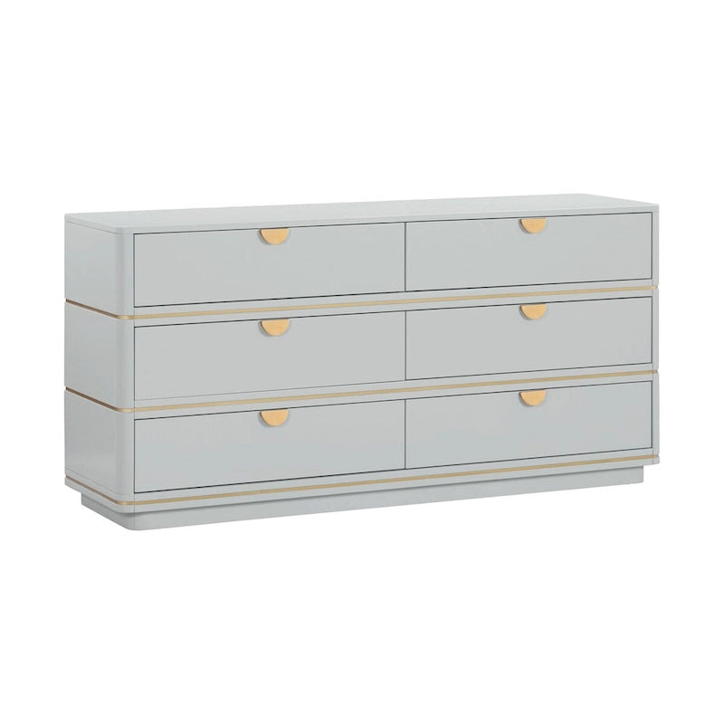 6-Drawer Dresser – Grey / Black / Cream, Acacia Wood, Brass Pulls, Art Deco Style