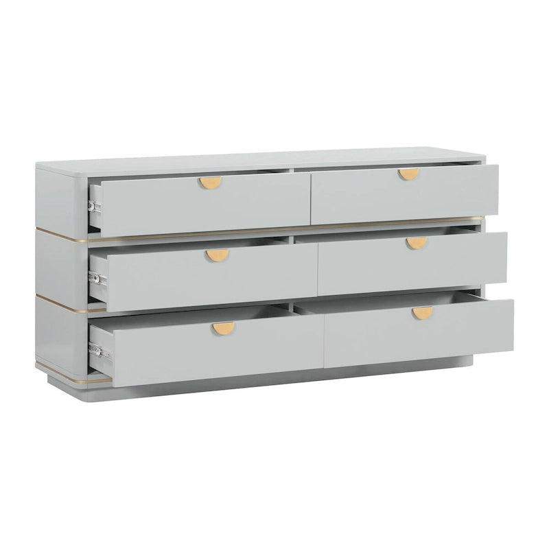 6-Drawer Dresser – Grey / Black / Cream, Acacia Wood, Brass Pulls, Art Deco Style