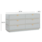 6-Drawer Dresser – Grey / Black / Cream, Acacia Wood, Brass Pulls, Art Deco Style