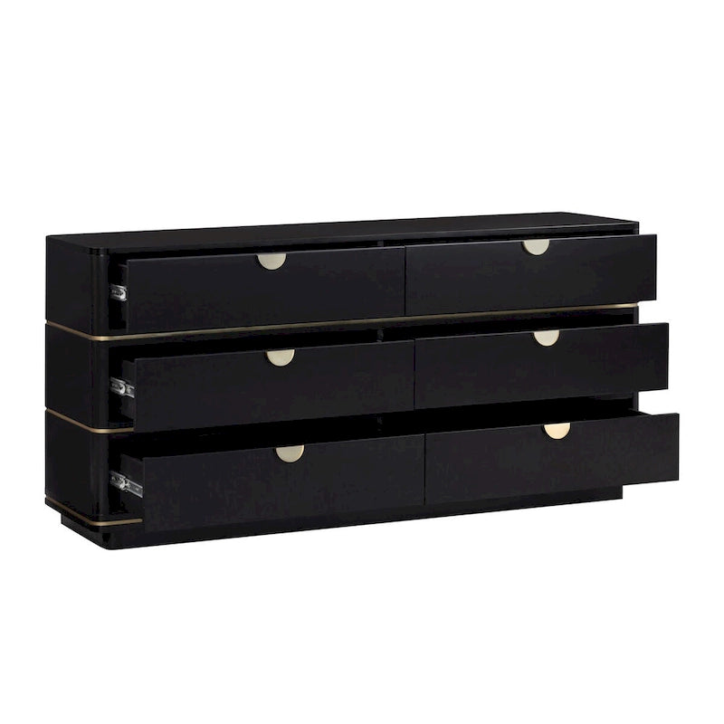 6-Drawer Dresser – Grey / Black / Cream, Acacia Wood, Brass Pulls, Art Deco Style