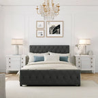 Linen Platform Bed – Gray / Beige, Metal Frame, 1 Large Pull-Out Drawer, Full / Queen, Sleeps 1