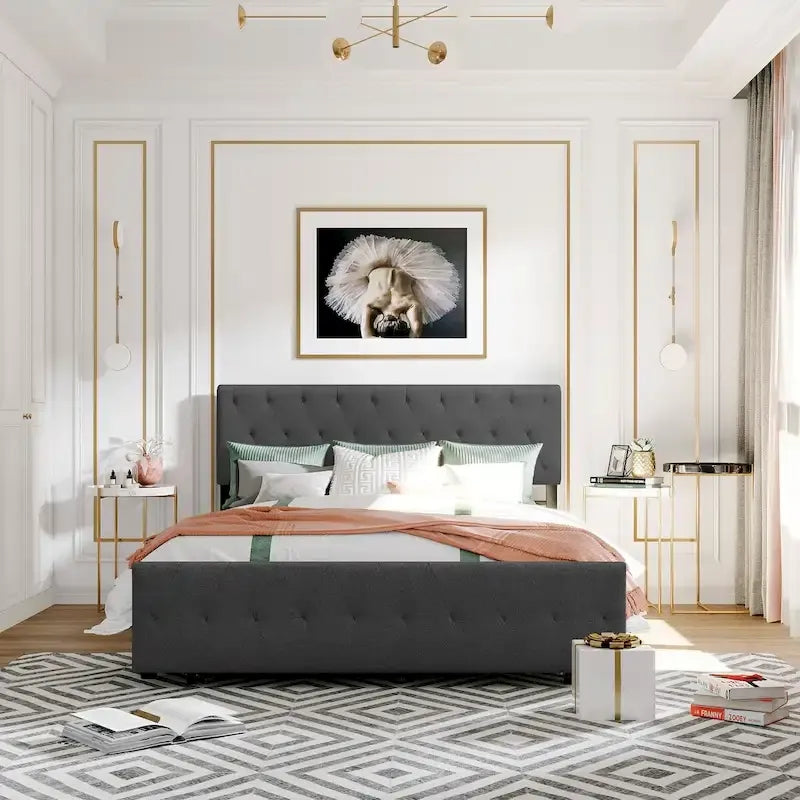Linen Platform Bed – Gray / Beige, Metal Frame, 1 Large Pull-Out Drawer, Full / Queen, Sleeps 1