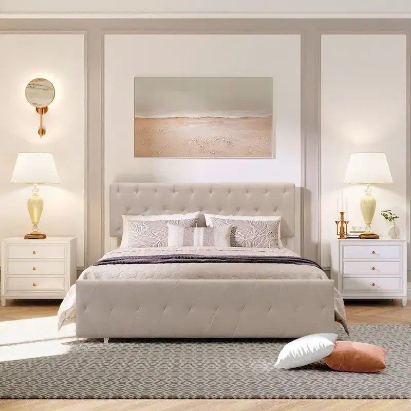 Linen Platform Bed – Gray / Beige, Metal Frame, 1 Large Pull-Out Drawer, Full / Queen, Sleeps 1