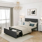 Linen Platform Bed – Gray / Beige, Metal Frame, 1 Large Pull-Out Drawer, Full / Queen, Sleeps 1