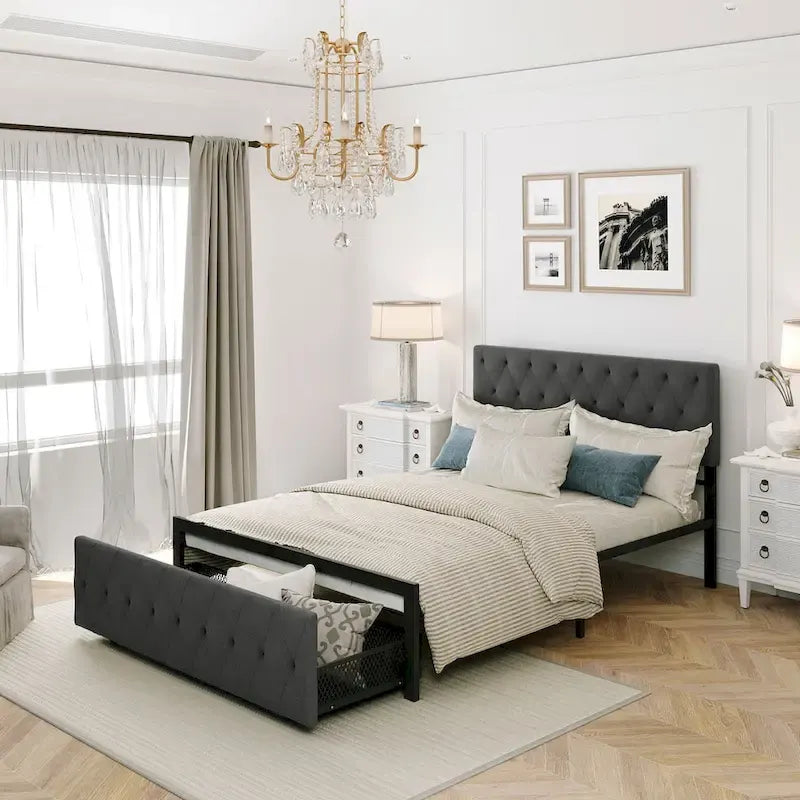 Linen Platform Bed – Gray / Beige, Metal Frame, 1 Large Pull-Out Drawer, Full / Queen, Sleeps 1