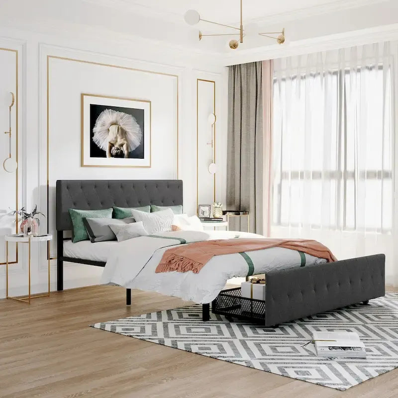 Linen Platform Bed – Gray / Beige, Metal Frame, 1 Large Pull-Out Drawer, Full / Queen, Sleeps 1