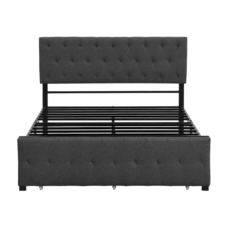 Linen Platform Bed – Gray / Beige, Metal Frame, 1 Large Pull-Out Drawer, Full / Queen, Sleeps 1