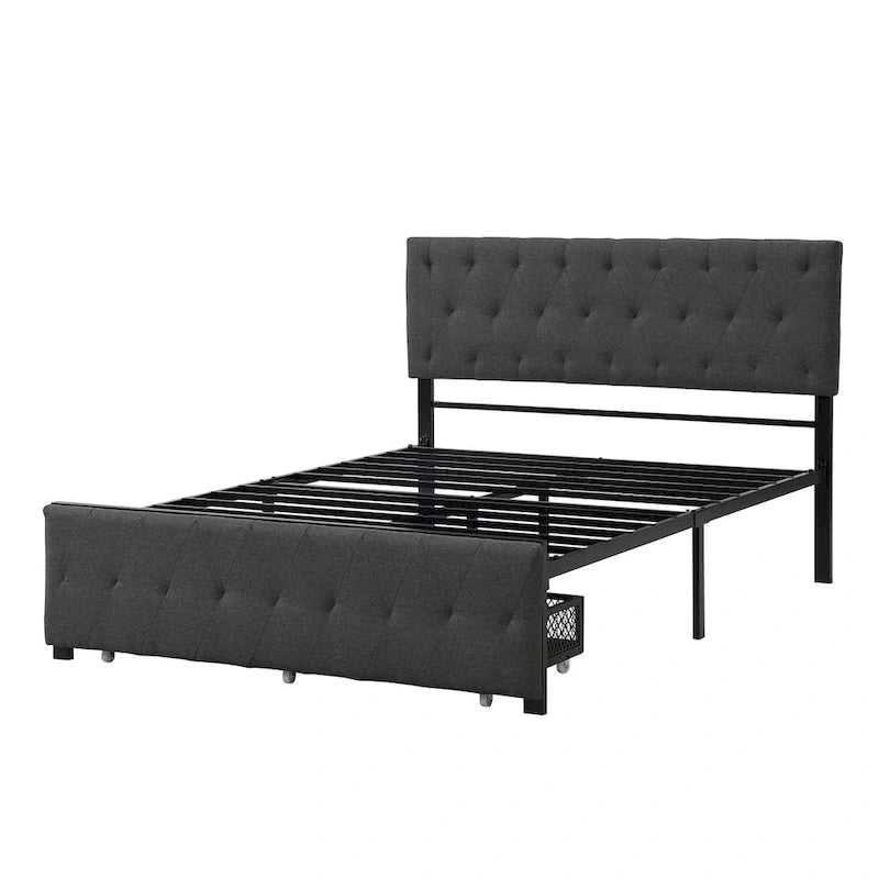 Linen Platform Bed – Gray / Beige, Metal Frame, 1 Large Pull-Out Drawer, Full / Queen, Sleeps 1