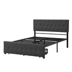 Linen Platform Bed – Gray / Beige, Metal Frame, 1 Large Pull-Out Drawer, Full / Queen, Sleeps 1
