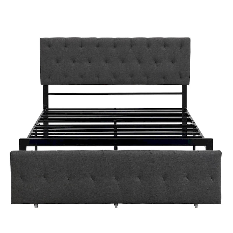 Linen Platform Bed – Gray / Beige, Metal Frame, 1 Large Pull-Out Drawer, Full / Queen, Sleeps 1