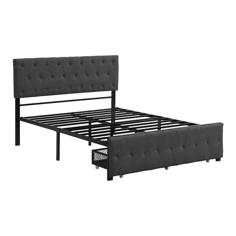 Linen Platform Bed – Gray / Beige, Metal Frame, 1 Large Pull-Out Drawer, Full / Queen, Sleeps 1