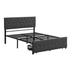 Linen Platform Bed – Gray / Beige, Metal Frame, 1 Large Pull-Out Drawer, Full / Queen, Sleeps 1